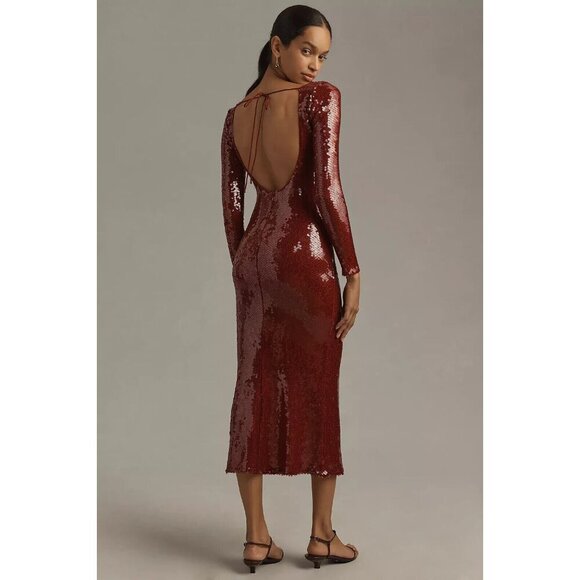 Bardot Verona Long-Sleeve Sequin Slim Midi Dress 8 Burgundy - Picture 2 of 4